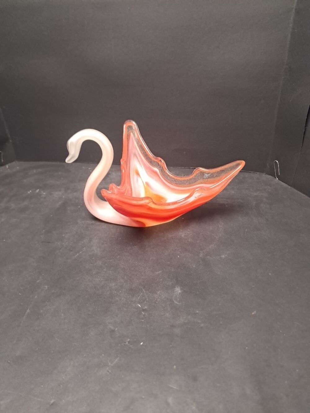 🦢🦢 Vintage Mid Century 9" Swan Trinket Candy Bowl Swirled Glass Decor 🦢🦢